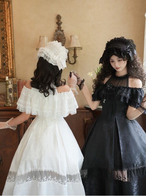 Misty Flowers Series Classic Lolita Elegant Halter Neck Long Dress Ribbon Corsage Set