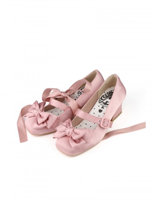Sissi Series Sweet Lolita Elegant Satin Bowknot Ballet Style Ribbon Square Toe Mary Jane Shoes