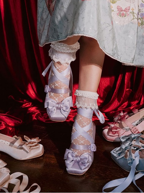 Sissi Series Sweet Lolita Elegant Satin Bowknot Ballet Style Ribbon Square Toe Mary Jane Shoes