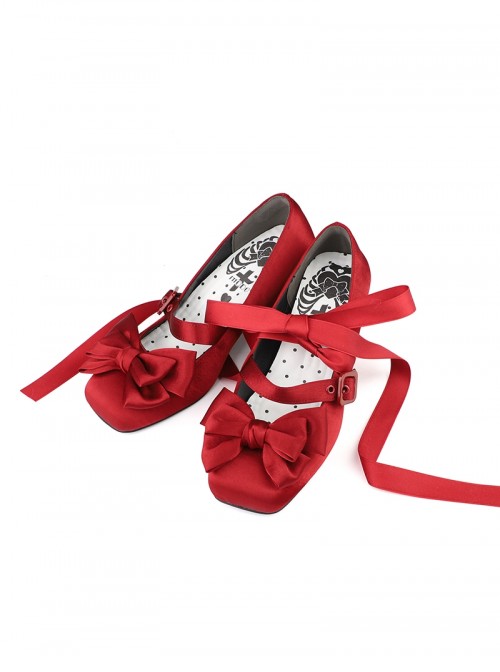 Sissi Series Sweet Lolita Elegant Satin Bowknot Ballet Style Ribbon Square Toe Mary Jane Shoes