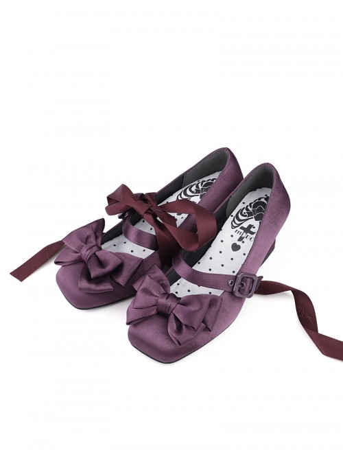 Sissi Series Sweet Lolita Elegant Satin Bowknot Ballet Style Ribbon Square Toe Mary Jane Shoes