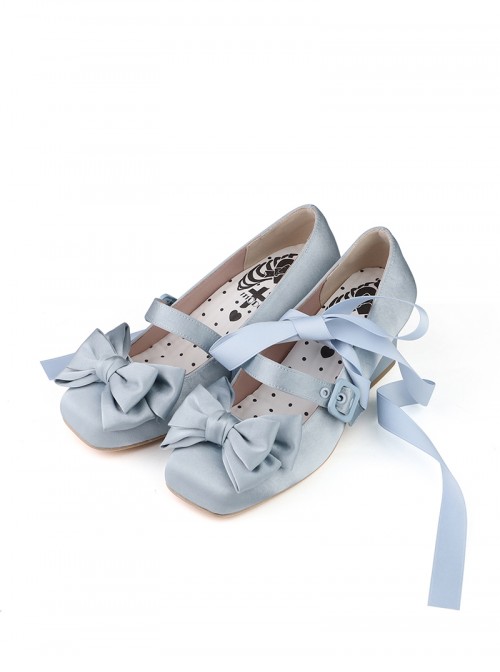 Sissi Series Sweet Lolita Elegant Satin Bowknot Ballet Style Ribbon Square Toe Mary Jane Shoes