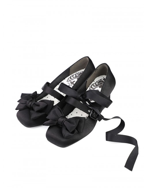 Sissi Series Sweet Lolita Elegant Satin Bowknot Ballet Style Ribbon Square Toe Mary Jane Shoes