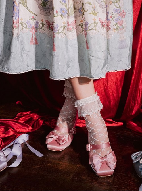 Sissi Series Sweet Lolita Elegant Satin Bowknot Ballet Style Ribbon Square Toe Mary Jane Shoes