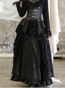 Mysterious Master Series Gothic Lolita Steampunk Style Black Elegant Lace Pleated Tail Long Skirt Set