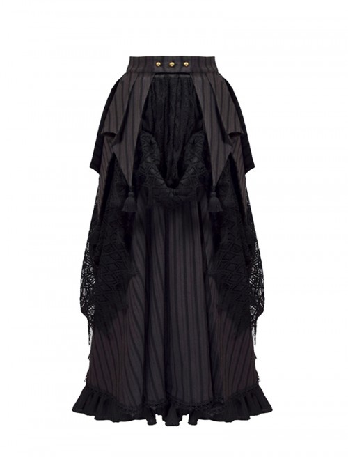 Mysterious Master Series Gothic Lolita Steampunk Style Black Elegant Lace Pleated Tail Long Skirt Set