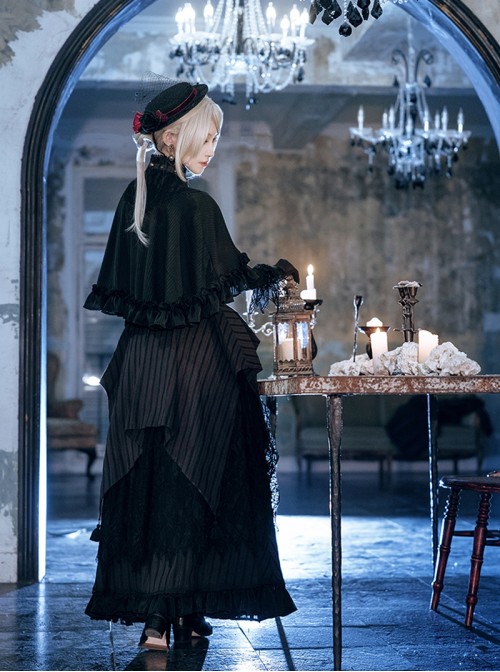 Mysterious Master Series Gothic Lolita Steampunk Style Black Elegant Lace Pleated Tail Long Skirt Set