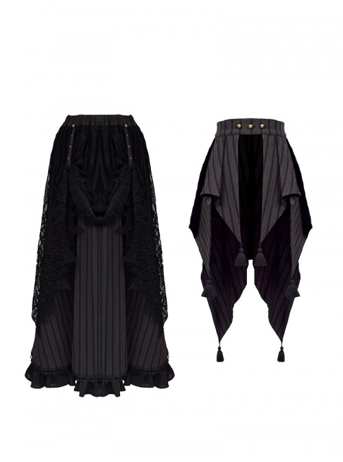 Mysterious Master Series Gothic Lolita Steampunk Style Black Elegant Lace Pleated Tail Long Skirt Set