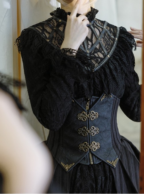 Mysterious Master Series Gothic Style Punk Black Elegant Lace High Neck Long Sleeve Shirt