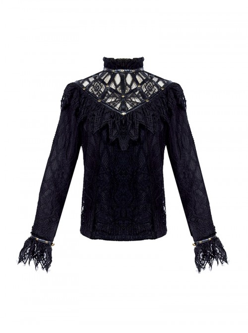Mysterious Master Series Gothic Style Punk Black Elegant Lace High Neck Long Sleeve Shirt