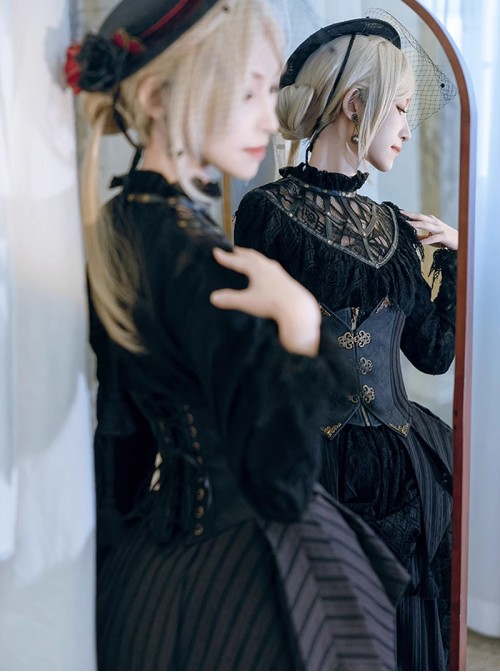 Mysterious Master Series Gothic Style Punk Black Elegant Lace High Neck Long Sleeve Shirt