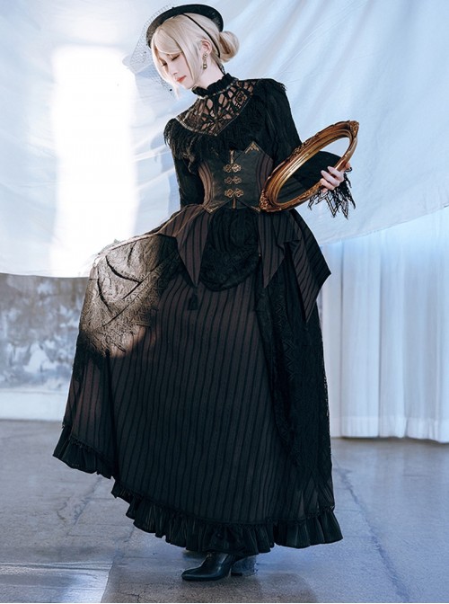 Mysterious Master Series Gothic Style Punk Black Elegant Lace High Neck Long Sleeve Shirt