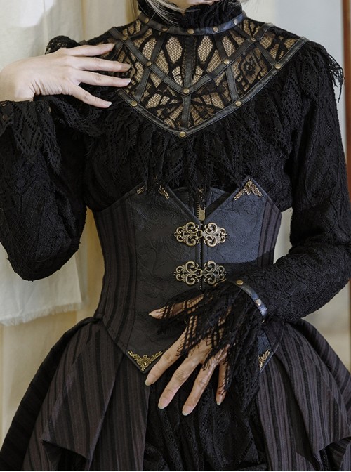 Mysterious Master Series Gothic Style Punk Black Elegant Lace High Neck Long Sleeve Shirt