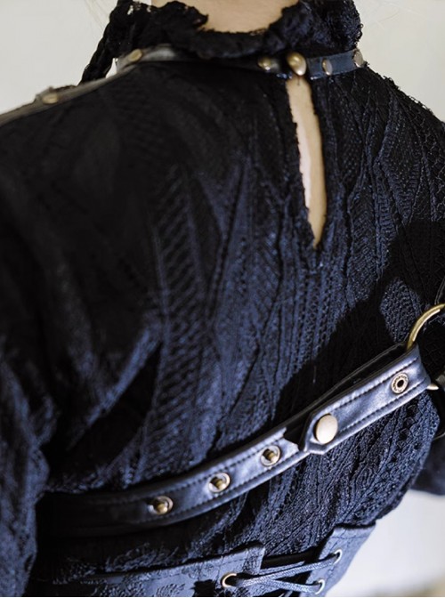 Mysterious Master Series Gothic Style Punk Black Elegant Lace High Neck Long Sleeve Shirt