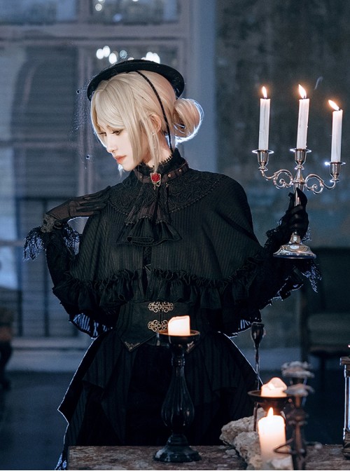 Mysterious Master Series Gothic Cool Steampunk Style Black Striped Detachable Collar Cape