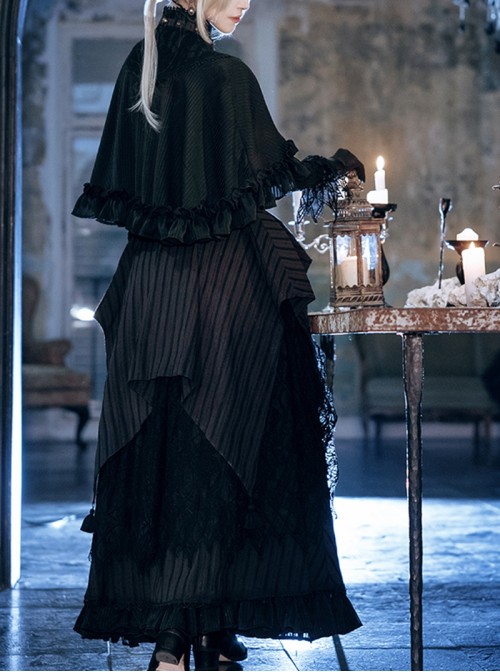 Mysterious Master Series Gothic Cool Steampunk Style Black Striped Detachable Collar Cape