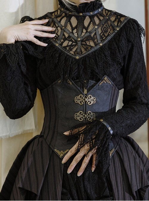 Mysterious Master Series Gothic Style Black Steampunk Embossed Patchwork Leather Corset Waistband