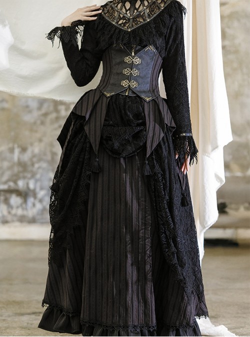 Mysterious Master Series Gothic Style Black Steampunk Embossed Patchwork Leather Corset Waistband