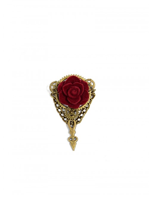 Mysterious Master Series Steampunk Style Red Rose Alloy Gear Collar Pin Brooch