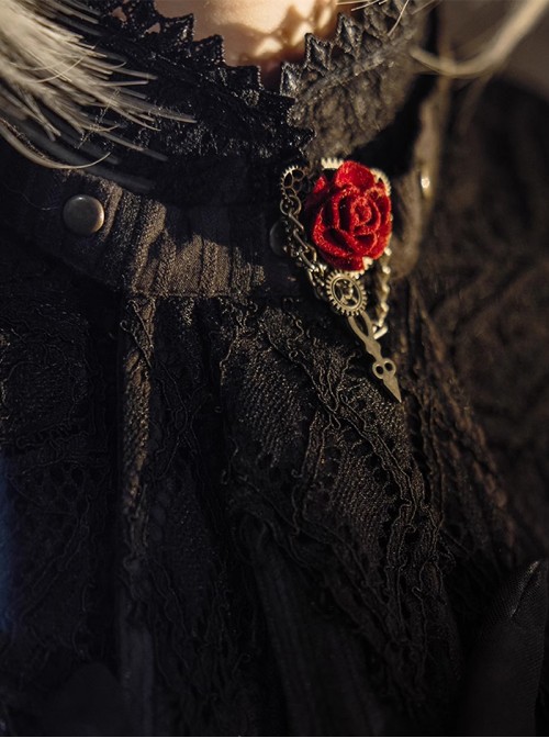 Mysterious Master Series Steampunk Style Red Rose Alloy Gear Collar Pin Brooch