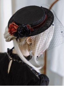 Mysterious Master Series Gothic Steampunk Imitation Rose Black Flat Top Soft Tulle Beret