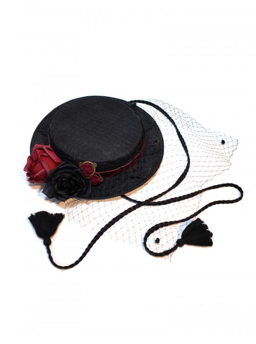 Mysterious Master Series Gothic Steampunk Imitation Rose Black Flat Top Soft Tulle Beret