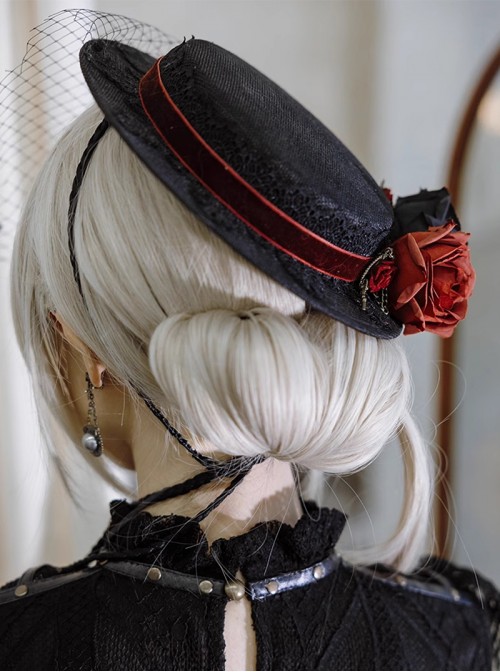 Mysterious Master Series Gothic Steampunk Imitation Rose Black Flat Top Soft Tulle Beret
