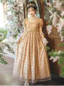 Sunset Glow Series Classic Lolita Golden Elegant Retro Luxurious Beaded Pearl Regal Round Neck Bubble Sleeve Dress