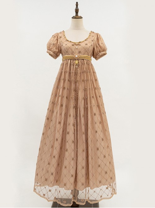 Sunset Glow Series Classic Lolita Golden Elegant Retro Luxurious Beaded Pearl Regal Round Neck Bubble Sleeve Dress