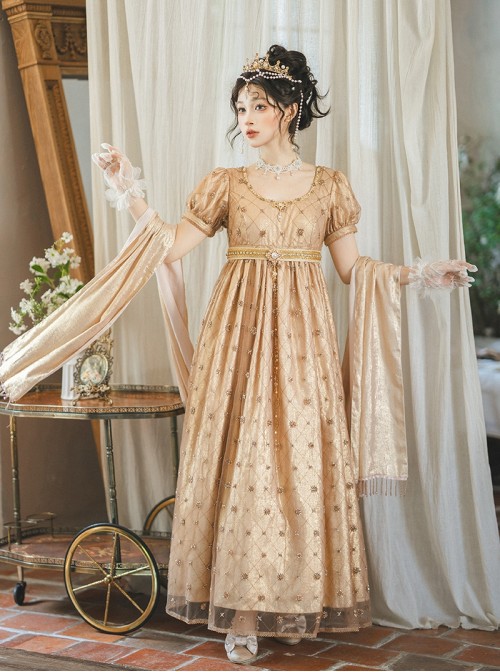 Sunset Glow Series Classic Lolita Golden Elegant Retro Luxurious Beaded Pearl Regal Round Neck Bubble Sleeve Dress