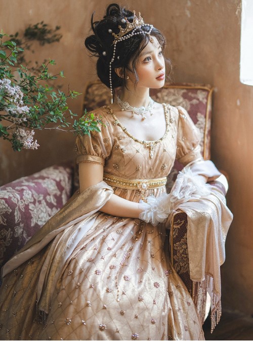 Sunset Glow Series Classic Lolita Golden Elegant Retro Luxurious Beaded Pearl Regal Round Neck Bubble Sleeve Dress