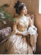 Sunset Glow Series Classic Lolita Golden Elegant Retro Luxurious Beaded Pearl Regal Round Neck Bubble Sleeve Dress
