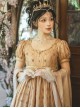 Sunset Glow Series Classic Lolita Golden Elegant Retro Luxurious Beaded Pearl Regal Round Neck Bubble Sleeve Dress