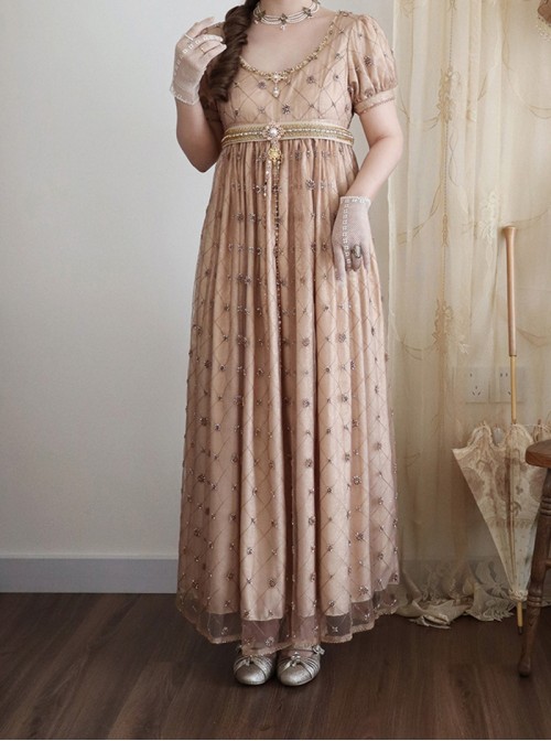 Sunset Glow Series Classic Lolita Golden Elegant Retro Luxurious Beaded Pearl Regal Round Neck Bubble Sleeve Dress