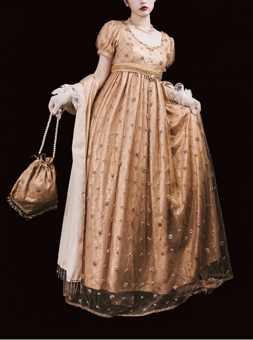 Sunset Glow Series Classic Lolita Golden Elegant Retro Luxurious Beaded Pearl Regal Round Neck Bubble Sleeve Dress