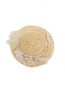 Sunset Glow Series Classic Lolita Apricot Tulle Lace Floral Decorated Straw Flat Cap