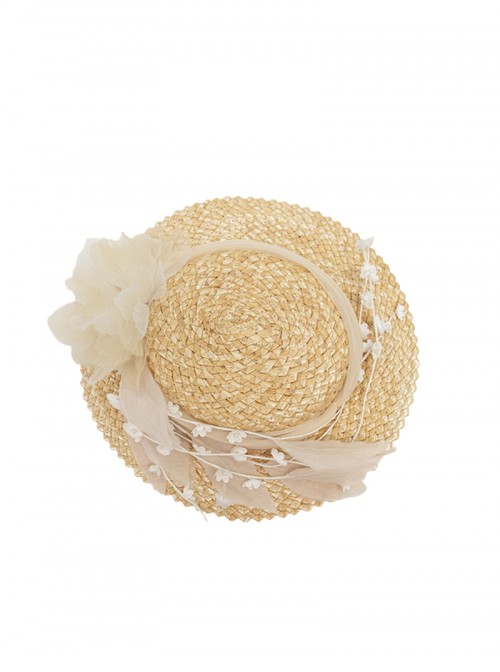 Sunset Glow Series Classic Lolita Apricot Tulle Lace Floral Decorated Straw Flat Cap