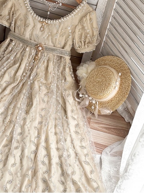 Sunset Glow Series Classic Lolita Apricot Tulle Lace Floral Decorated Straw Flat Cap