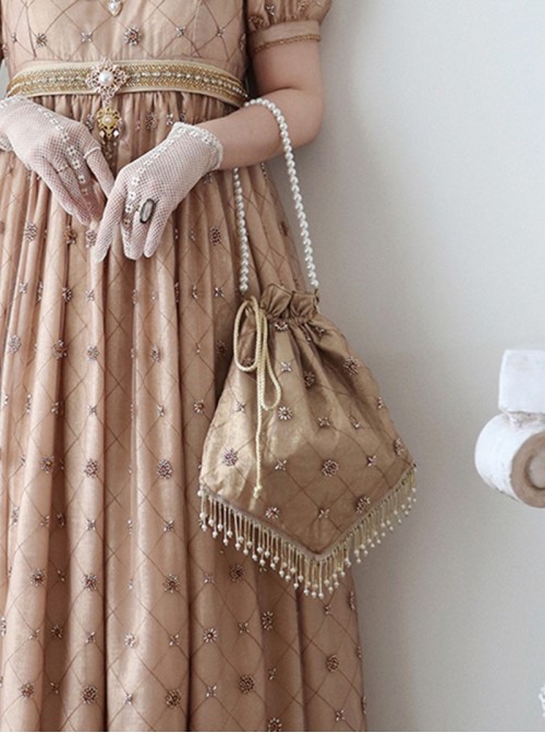 Sunset Glow Series Classic Lolita Apricot Delicate Gold Foil Diamond-shaped Bead Tassel Handbag