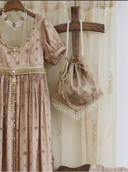 Sunset Glow Series Classic Lolita Apricot Delicate Gold Foil Diamond-shaped Bead Tassel Handbag