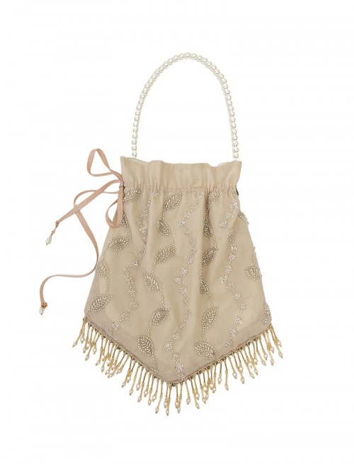 Sunset Glow Series Classic Lolita Apricot Delicate Leaf Pattern Beaded Tassel Handbag