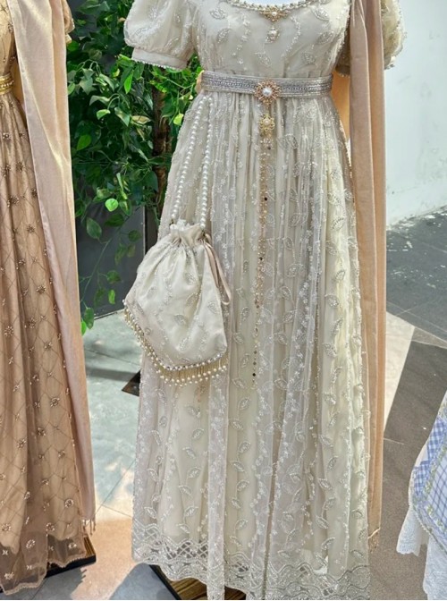 Sunset Glow Series Classic Lolita Apricot Delicate Leaf Pattern Beaded Tassel Handbag