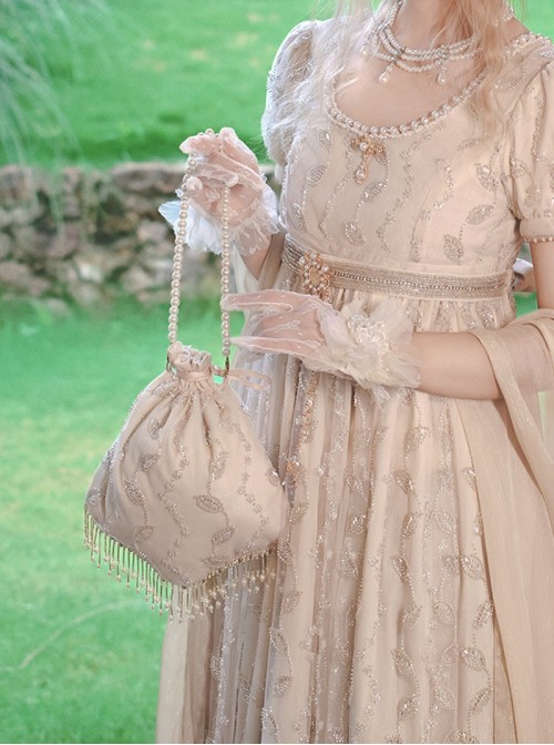Sunset Glow Series Classic Lolita Apricot Delicate Leaf Pattern Beaded Tassel Handbag