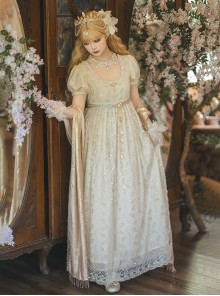Sunset Glow Series Classic Lolita Apricot Summer Retro Gorgeous Leaf Beaded Regal High Waist Dress