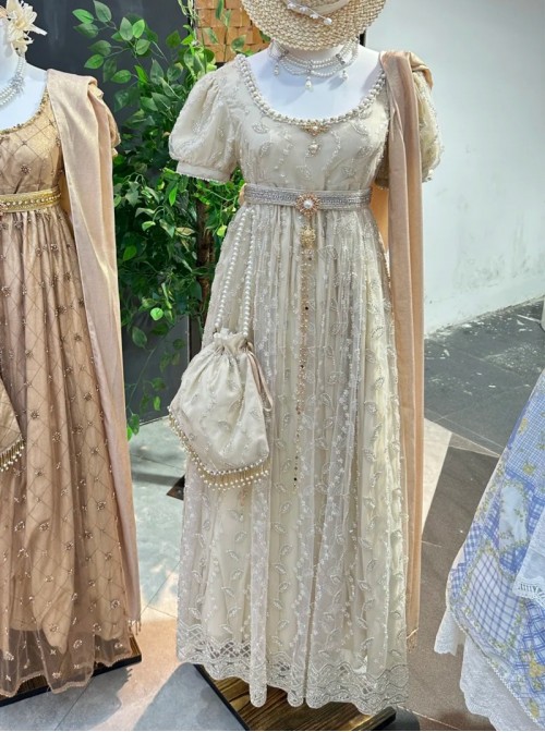 Sunset Glow Series Classic Lolita Apricot Summer Retro Gorgeous Leaf Beaded Regal High Waist Dress