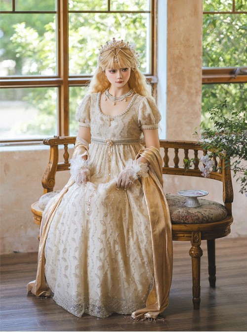 Sunset Glow Series Classic Lolita Apricot Summer Retro Gorgeous Leaf Beaded Regal High Waist Dress
