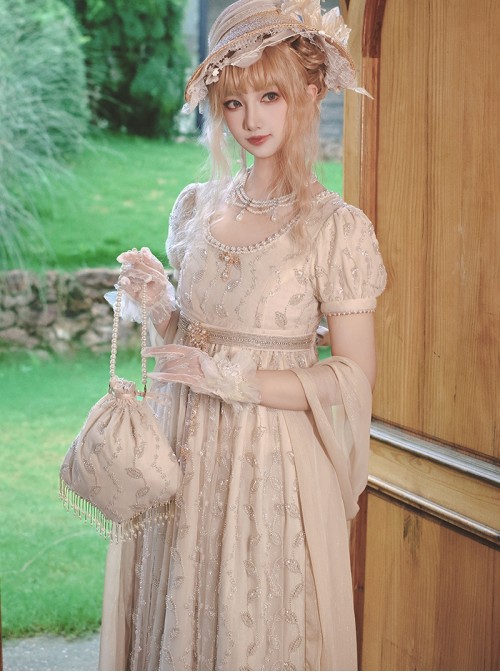 Sunset Glow Series Classic Lolita Apricot Summer Retro Gorgeous Leaf Beaded Regal High Waist Dress