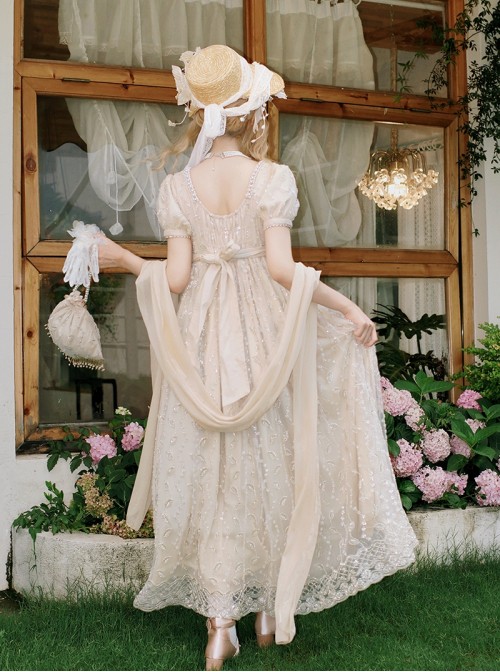 Sunset Glow Series Classic Lolita Apricot Summer Retro Gorgeous Leaf Beaded Regal High Waist Dress