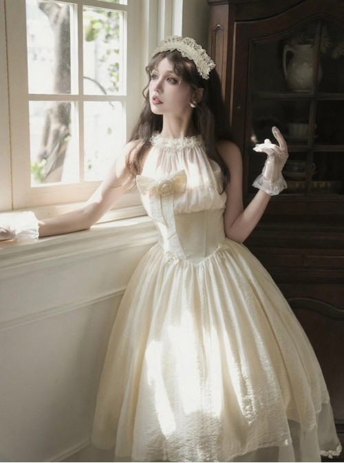 Sunset Glow Series Classic Lolita Apricot Elegant Halter Neck Sleeveless Long Dress