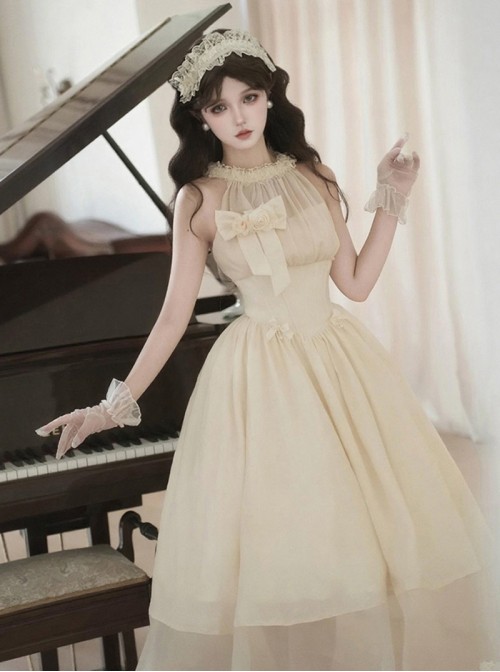 Sunset Glow Series Classic Lolita Apricot Elegant Halter Neck Sleeveless Long Dress